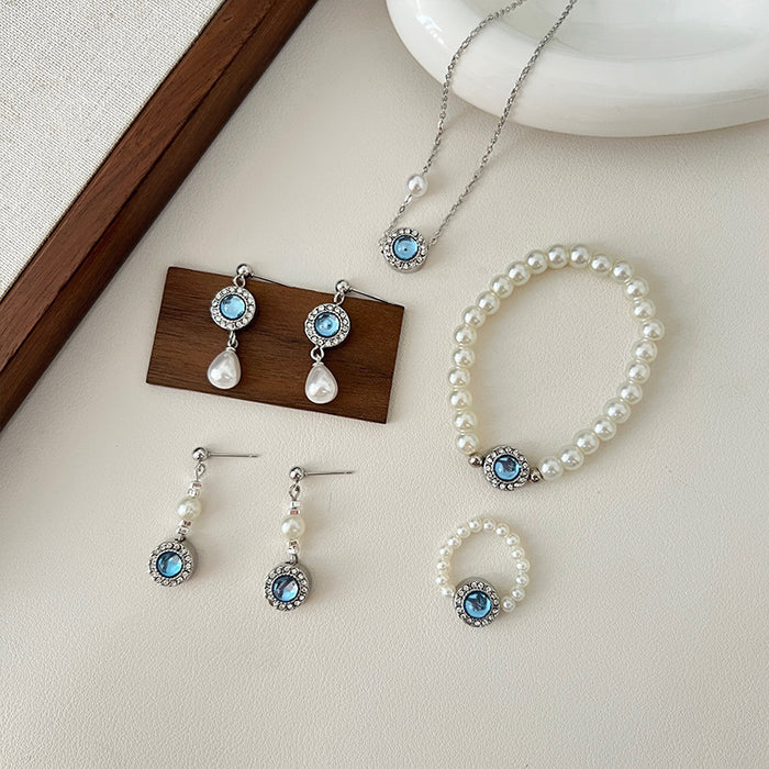 Wholesale Sea Blue Treasure Pearl Necklace Light Luxury Niche Clavicle Chain Pearl Earrings Necklace Set