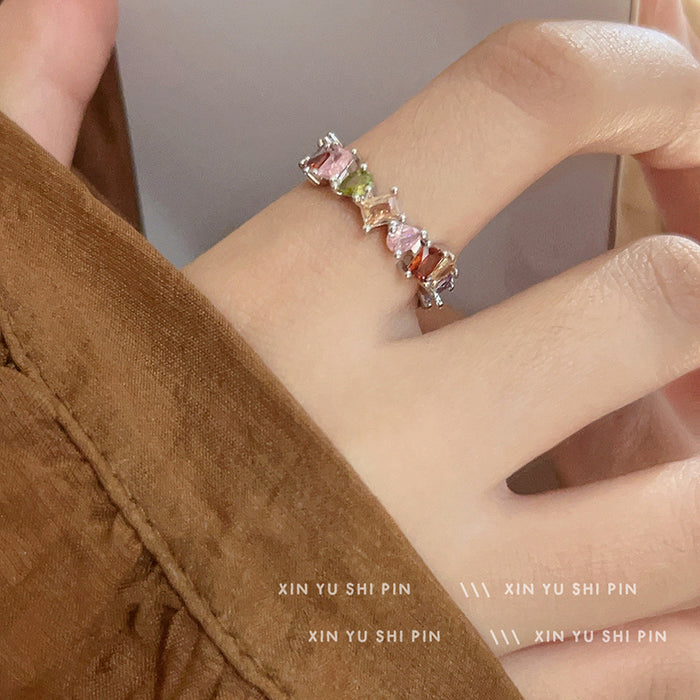 Wholesale Dreamy Rainbow Zircon Ring with Light Luxury Charm, Small Personality Design, High Grade and Exquisite Opening Finger Ring
