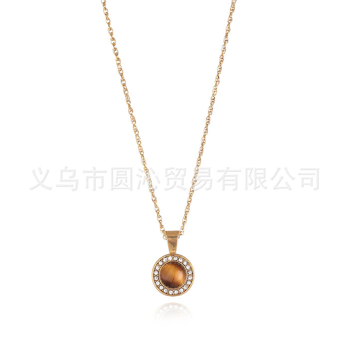 Wholesale Vintage diamond inlaid circular natural stone pendant necklace, light luxury niche stainless steel collarbone chain jewelry wholesale