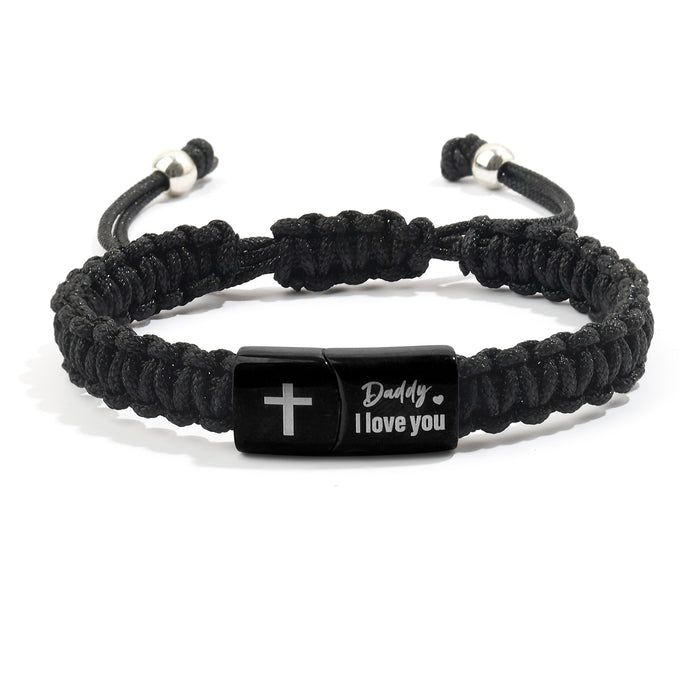 Wholesale Engraved Woven Bracelet Cross Faith Black Wax Rope Flat Knot Woven Adjustable Bracelet Magnetic Buckle Woven Bracelet
