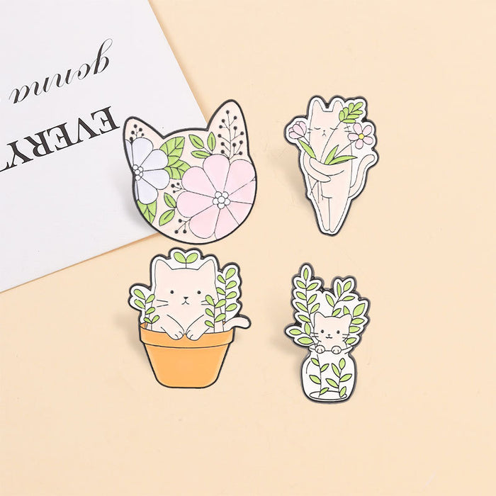 Wholesale Chic Zinc Alloy Cat Floral Brooch Pin Cartoon Potted Plant Enamel Badge Trendy Fashion Accessory
