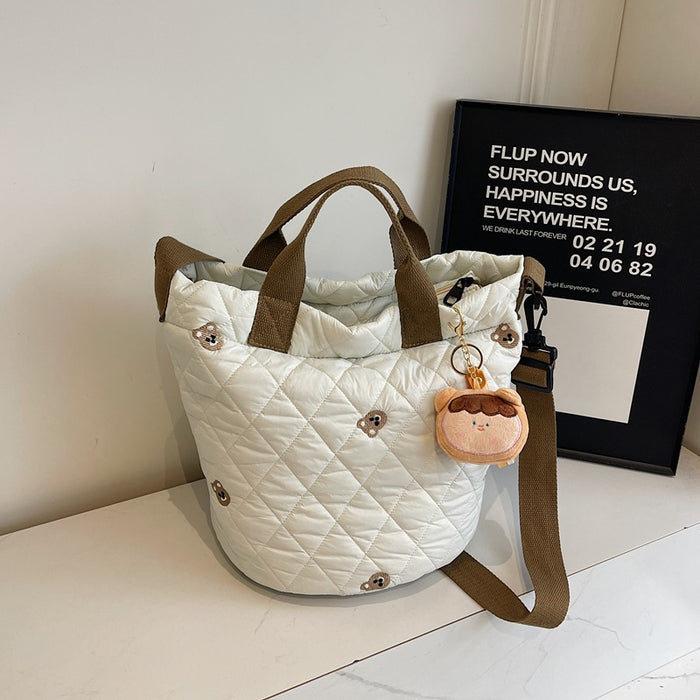 Wholesale Cute Bear Embroidered Large Capacity Portable Bucket Bag Autumn and Winter Rhombic Plaid Cotton-padded Suit Shoulder Bag Trendy Crossbody Bag