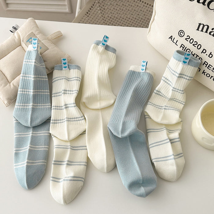 Wholesale Spring/Summer Cream Blue Striped Heel Love Cloth Label Middle Tube Stacked Socks
