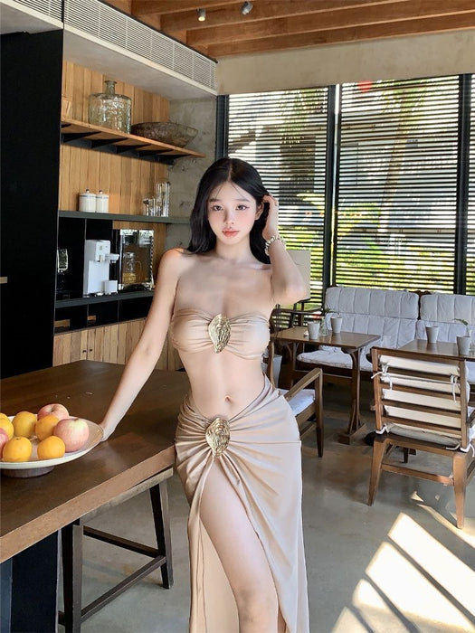 Wholesale Bikini suit, pleated strapless vest, split swimsuit, midi skirt