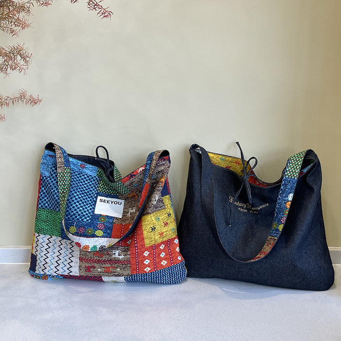 Wholesale Collar bag, fashionable and versatile, double-sided denim tote bag, large capacity shoulder bag