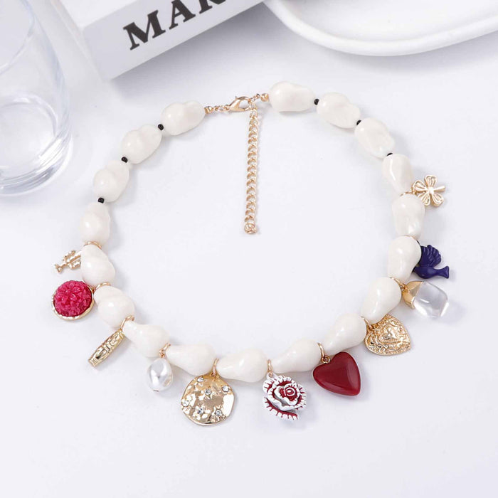 Wholesale Imitation Pearl Oil Dropping Alloy Love Insect Flower Pendant Women's Clavicle Chain