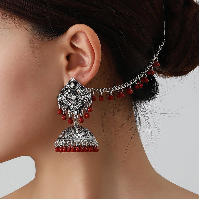 Wholesale vintage ethnic style rhinestone bell tassel earrings and hair chain set