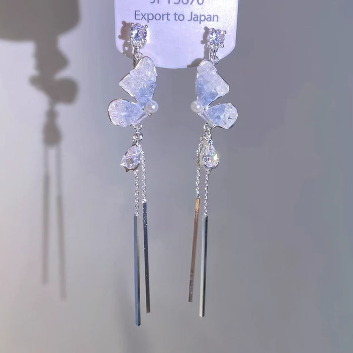 Wholesale Crystal tassel earrings, butterfly disc, pearl temperament earrings, personalized, fashionable, high-end earrings