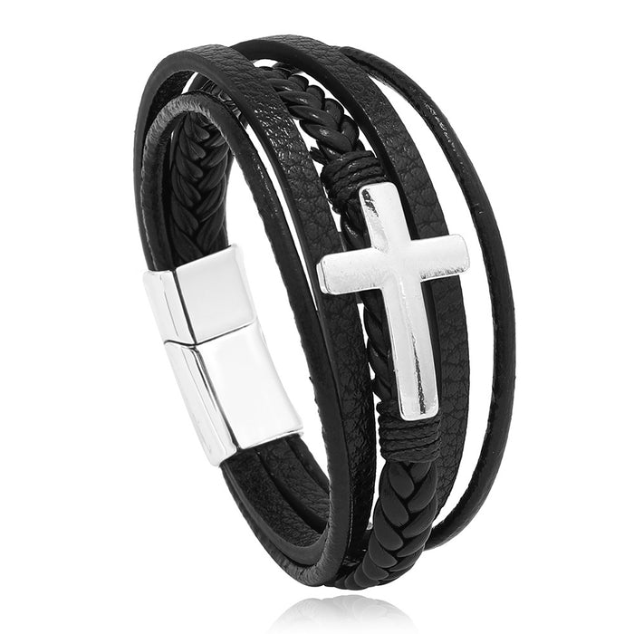 Wholesale Men's Hot Sale Hand Jewelry Can Be Engraved Braided Handmade Leather Magnetic Buckle Cross Alloy Bracelet JDC-BT-XH007