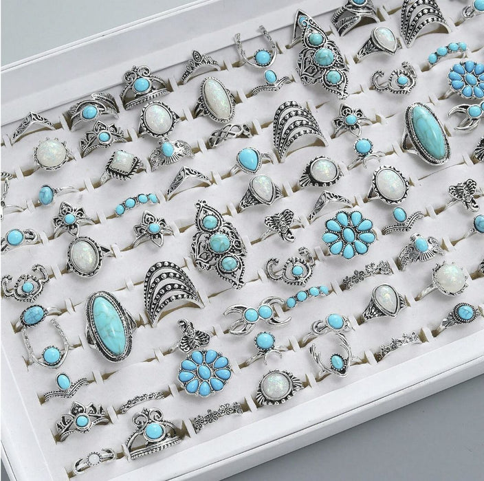 Wholesale 2pcs Ethnic Style Flower Turquoise Vintage Ring Set