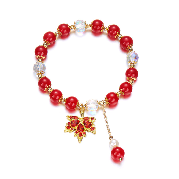 Wholesale  Leaves Beaded Crystal Bracelet Maple Niche Design All-match Red Bracelet