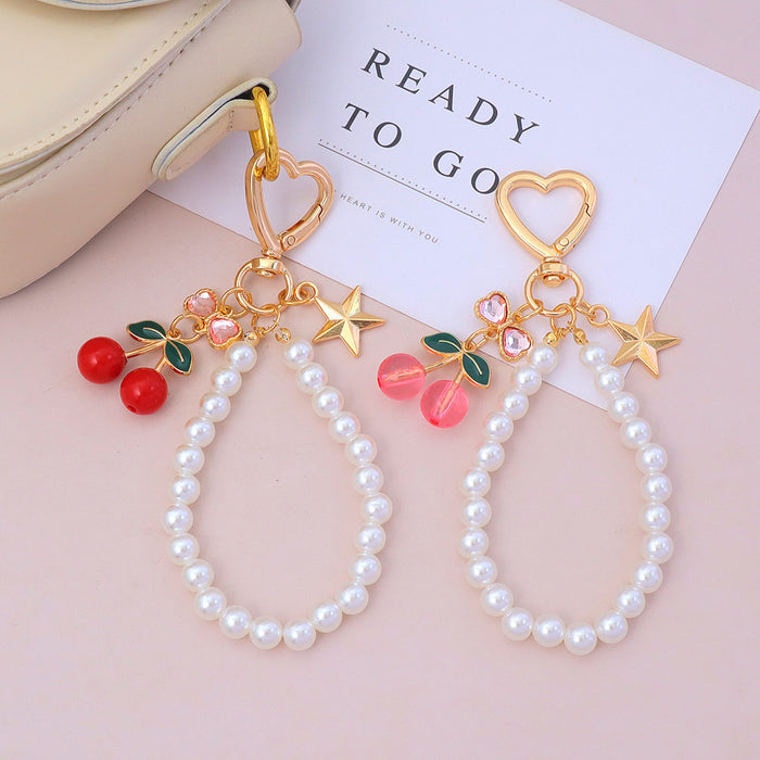Wholesale Advanced Water Diamond Bow Cherry Keychain Pearl Chain Bag Pendant Car Hanging Accessories Versatile Accessories