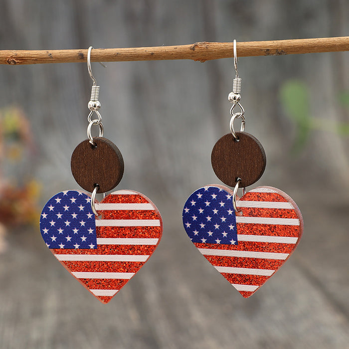 Wholesale  Heart Print American Flag ing Small Wood Pieces Acrylic Earrings Independence Day Earrings