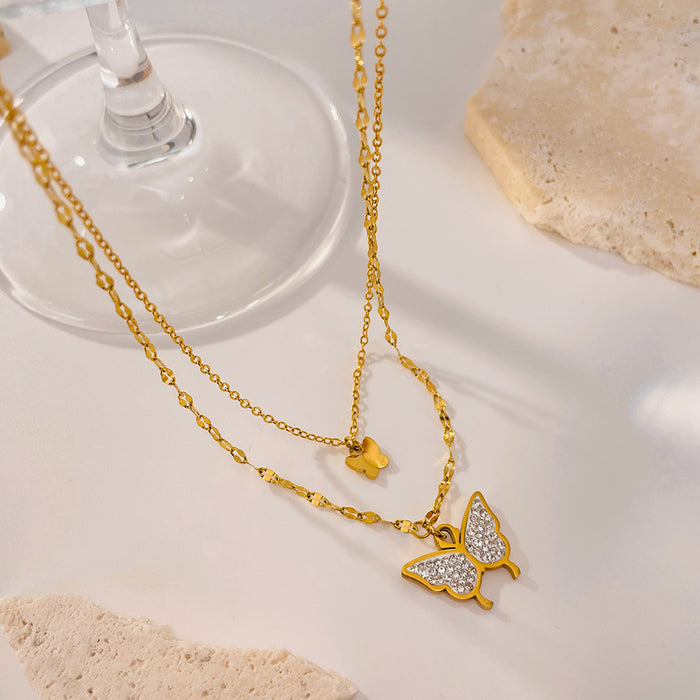 Wholesale Stainless steel exquisite butterfly inlaid with diamonds, double-layer stacked collarbone chain