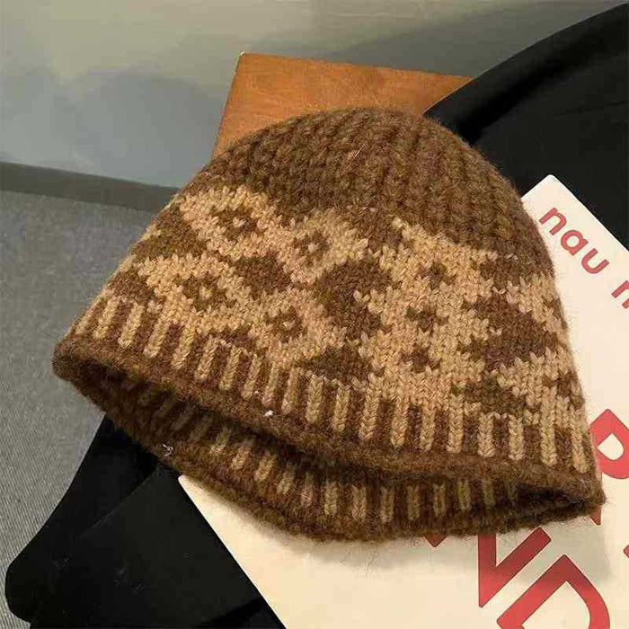 Wholesale Plaid Fisherman Hat Women's Autumn and Winter Face Small All-match Color Matching Big Head Wool Knitted Hat