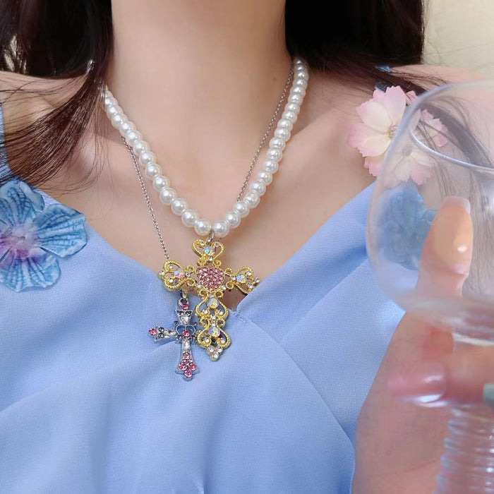Wholesale Cross Necklace with Exaggerated Colorful Diamonds and Pearls Style Collarbone Chain