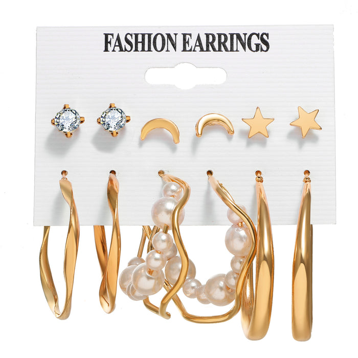 Wholesale 6-piece geometric pearl and diamond statement earring set