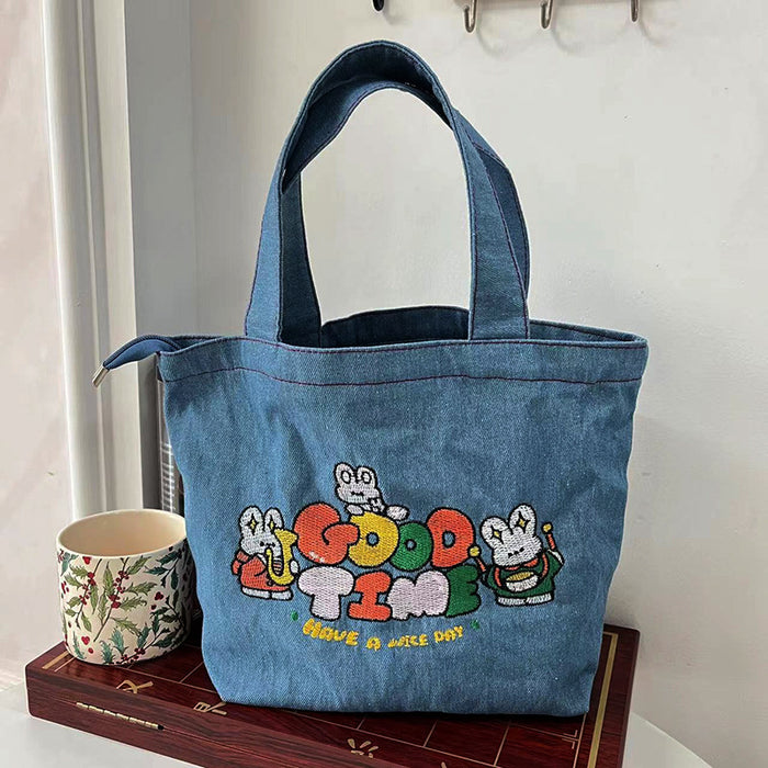 Wholesale Cartoon embroidery washed denim large capacity handbag student cute handbag bucket lunch bag