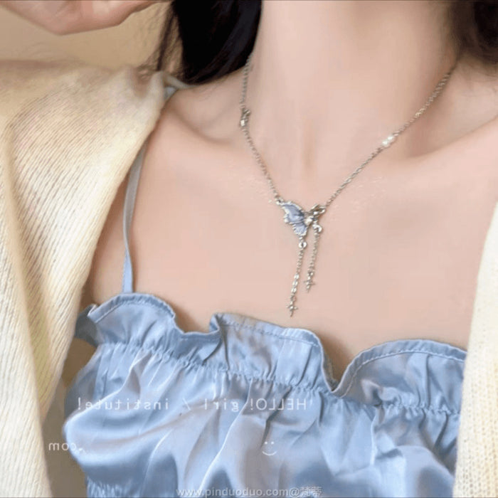 Wholesale Gradient ice crystal pearl butterfly tassel necklace collarbone chain neck chain accessory