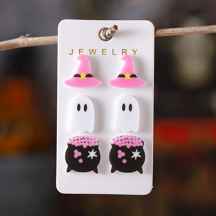 Wholesale  Cute Witch Hat Ghost Magic Cylinder Earrings Set Acrylic Cartoon Party Earrings