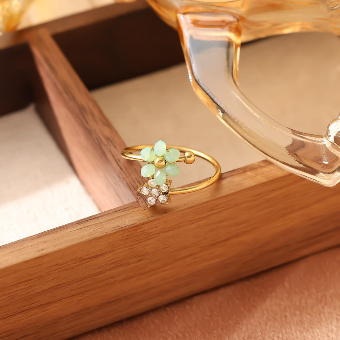 Wholesale Fashionable stainless steel natural stone flower zircon design light luxury high-end non fading open titanium steel ring