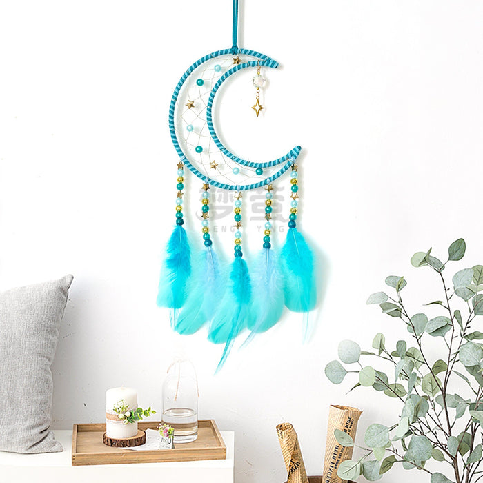 Wholesale Handmade Moon and Stars Dreamcatcher with Blue Feathers MOQ≥2