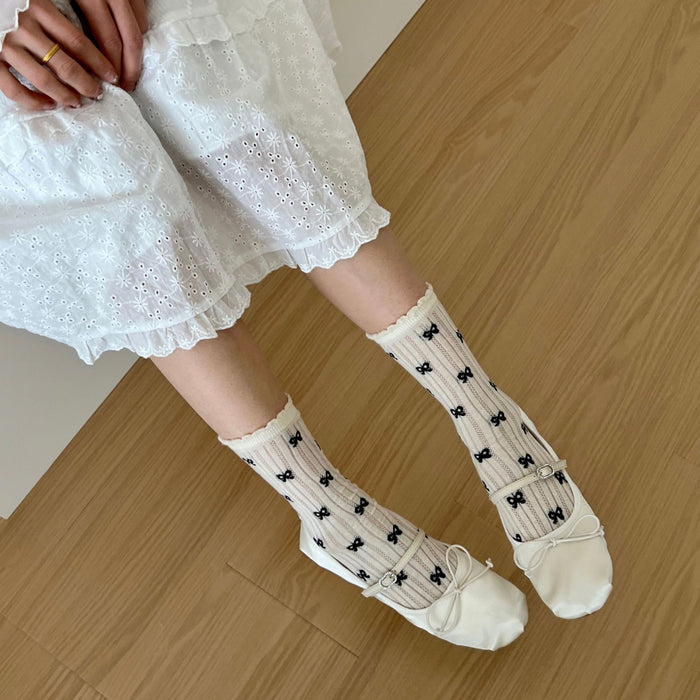 Wholesale Mesh bow socks, mid tube socks, pure cotton breathable long socks