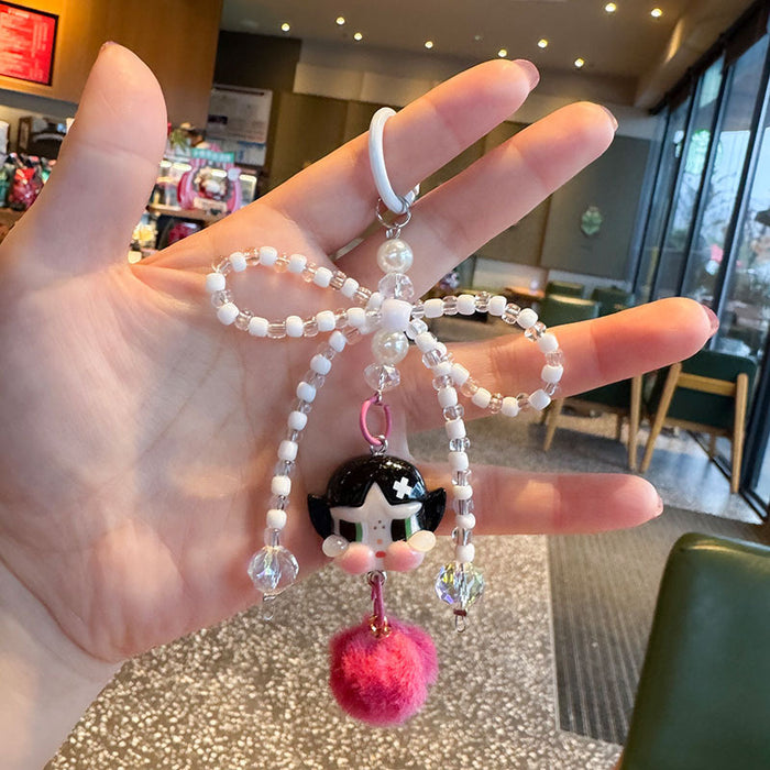 Wholesale Cute Cartoon Doll Bow Keychain Beaded Car Key Chain Fur Ball Backpack Pendant