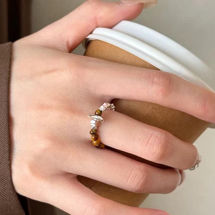Wholesale  Vintage brown tiger eye stone broken silver beaded ring Joker ring jewelry
