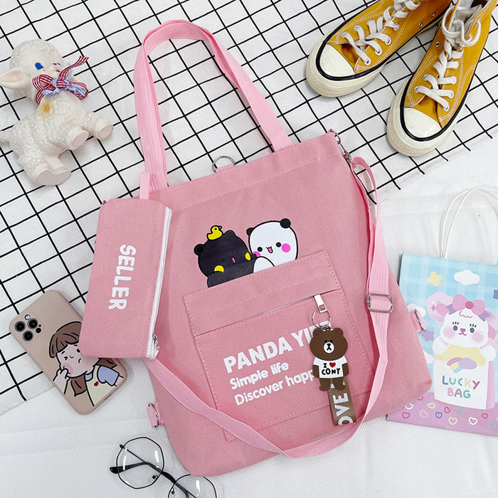 Wholesale Canvas Shoulder Bag Cartoon Bear Two-piece Student Double Back Canvas Bag Crossbody Large Capacity Tote Bag