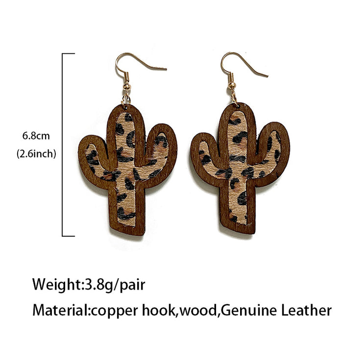 Wholesale Wood earrings dairy cow print leopard print leather horse hair inlaid cactus earrings