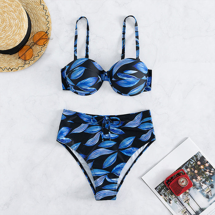 Wholesale Polyester Women's Split High Waist Printed Solid Color Splicing Swimsuit JDC-SW-Chengm002