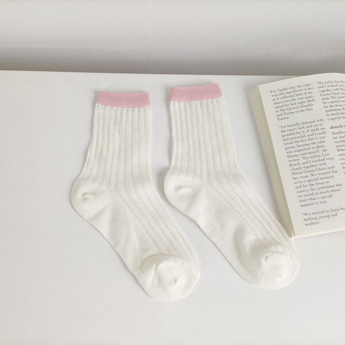 Wholesale Thin breathable cotton socks with hollowed out mesh eyes, tube socks, color blocked pile socks