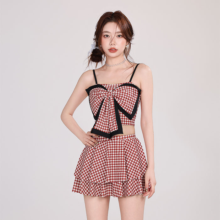 Wholesale Thousand Bird Grid Large Bow Split Swimsuit Skirt Swimsuit Swimsuit
