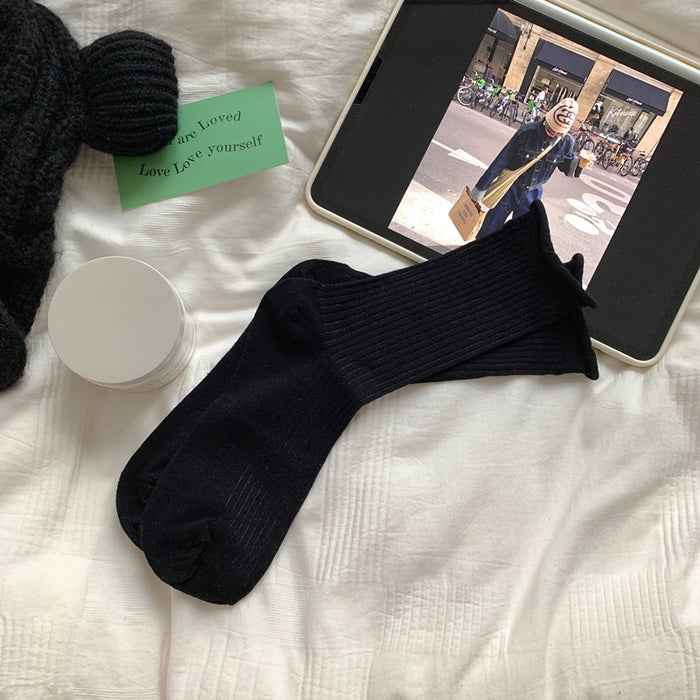 Wholesale Curled edge socks, mid length socks, new cotton socks, thin mesh breathable stacking long socks