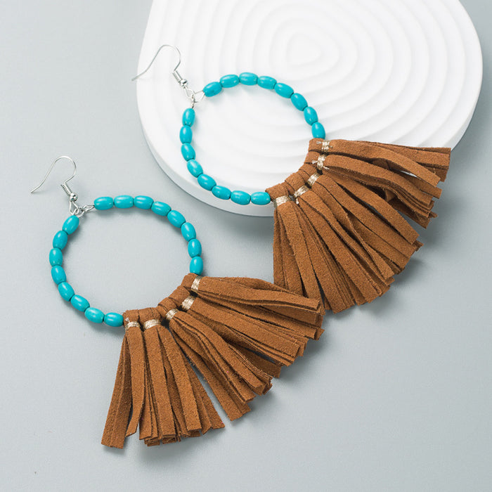 Wholesale Large round turquoise handmade leather tassel statement earrings