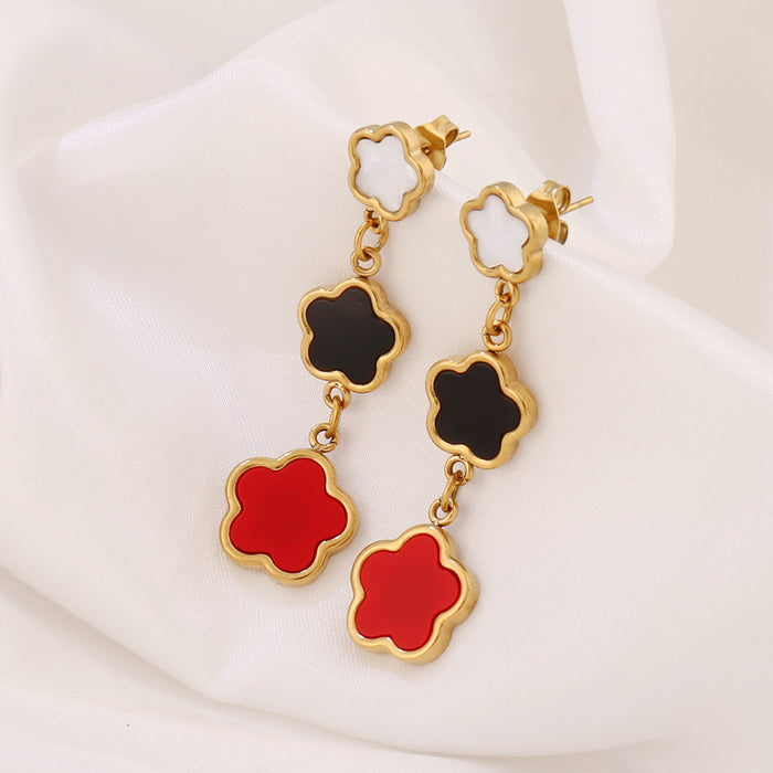 Wholesale Stainless Steel Five-Leaf Clover Earrings Niche Versatile Tassel Ear Studs,  Earrings,  Ear Accessories