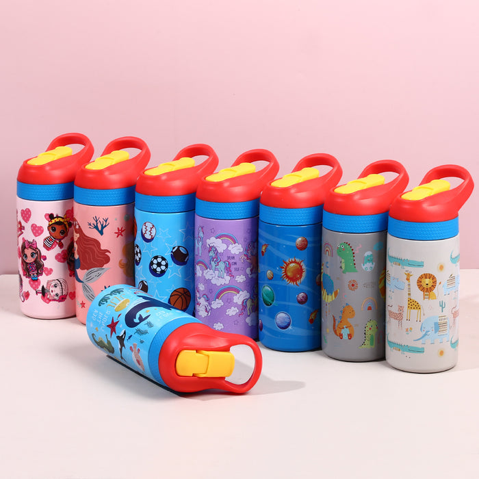 Wholesale Children' s thermos stainless steel water cup graffiti cartoon outdoor straw cup portable sports water bottle
