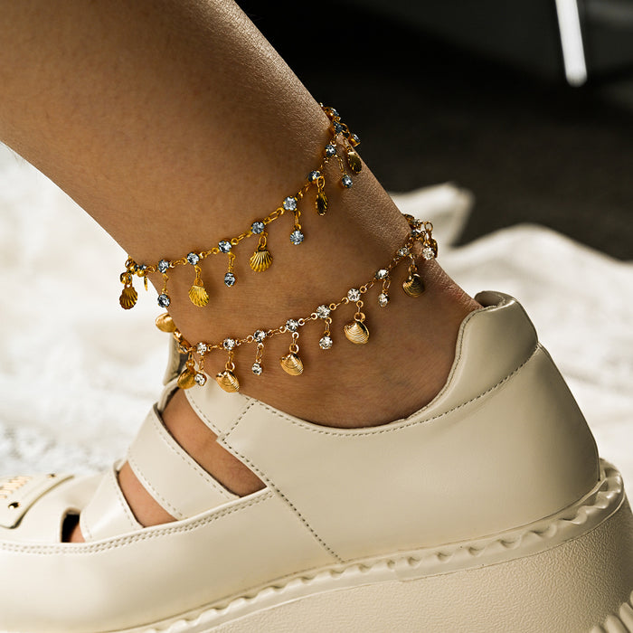 Wholesale Fashion tassel ankle chain with zircon color preservation electroplating sea shell foot accessories wholesale
