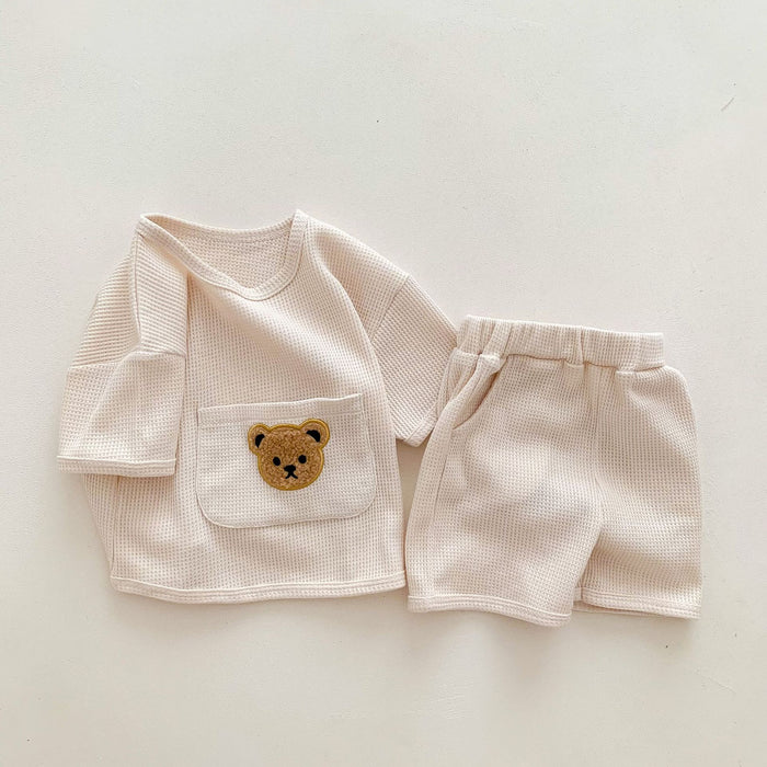 Wholesale Summer Waffle Big Pocket Bear Tops Shorts Baby Clothes JDC-BC-WeiNiS016