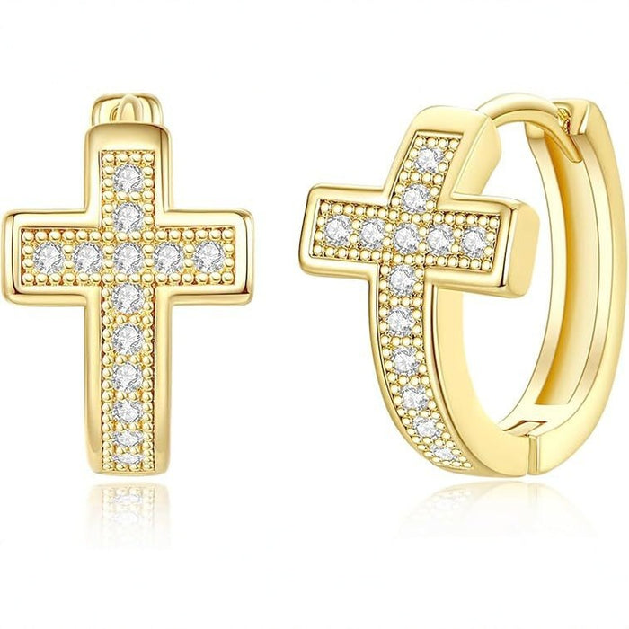 Wholesale Genuine gold brass electroplated personalized design with zircon cross earrings, high-end feeling earrings