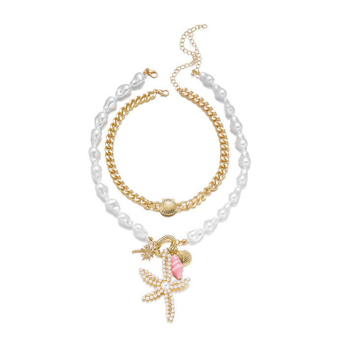 Wholesale Trendy Ocean- Layered Necklace Alloy Starfish and Shell Pendant Choker