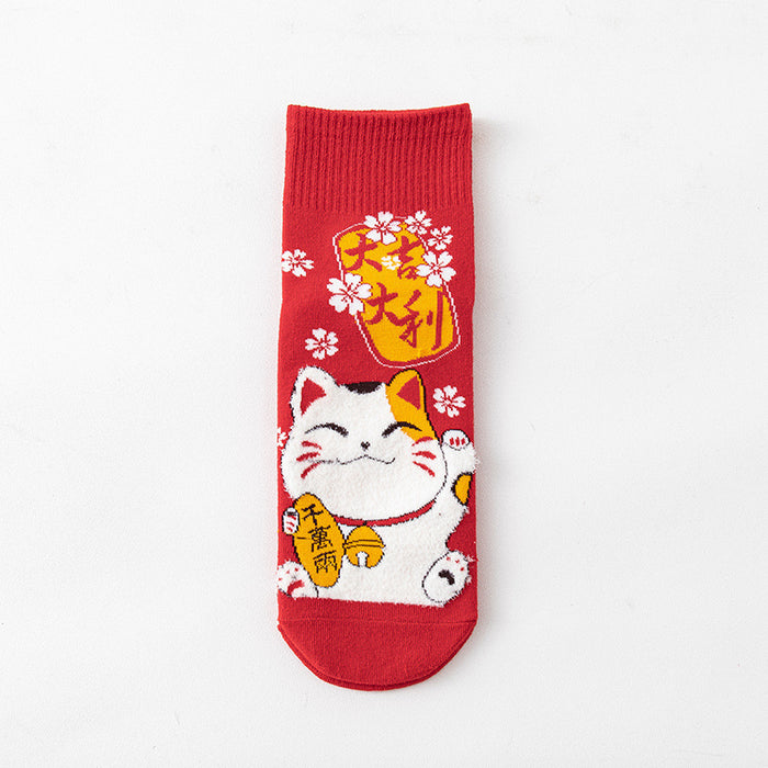 Wholesale Socks for men and women mid-tube socks cotton bottom festive red stockings new year gift lucky cat socks