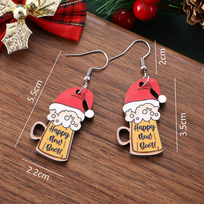 Wholesale New Year Beer Mug Wooden Double-Sided Earrings Holiday Party Gift