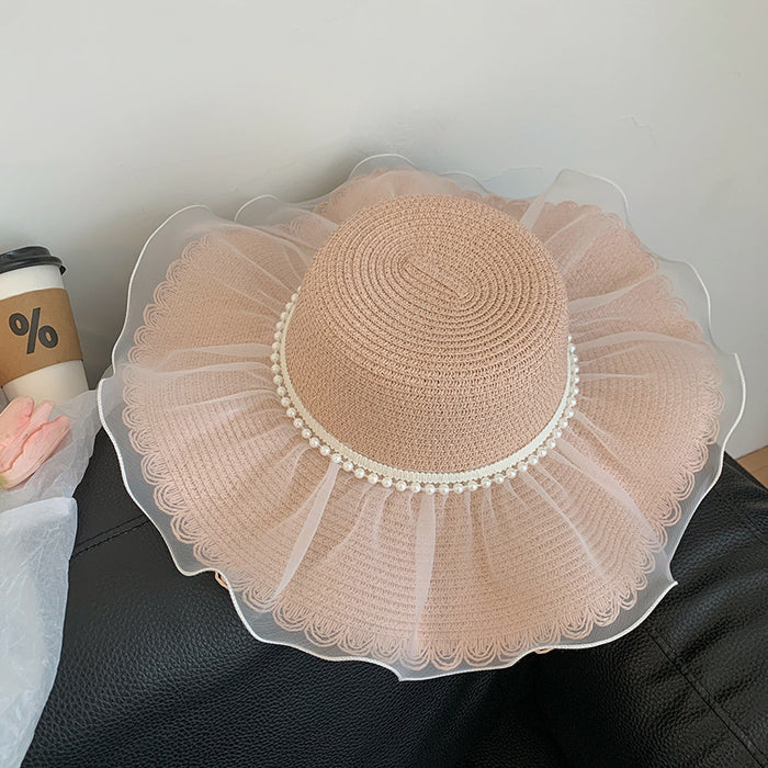 Wholesale Lace straw hat with large brim, outdoor UV resistant straw woven sun hat