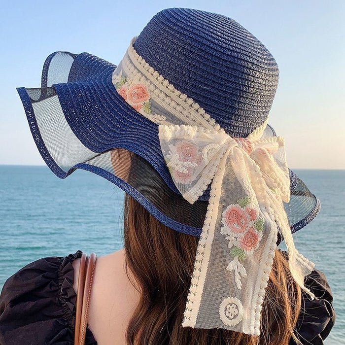 Wholesale Flower ribbon sun hat, sun hat, large brim straw hat