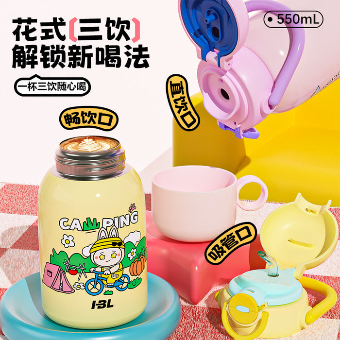 Wholesale New 316 Stainless Steel Cartoon Children' s Thermos Cup with Double Drinking Straw,  Cute Student Portable Cup with Handle