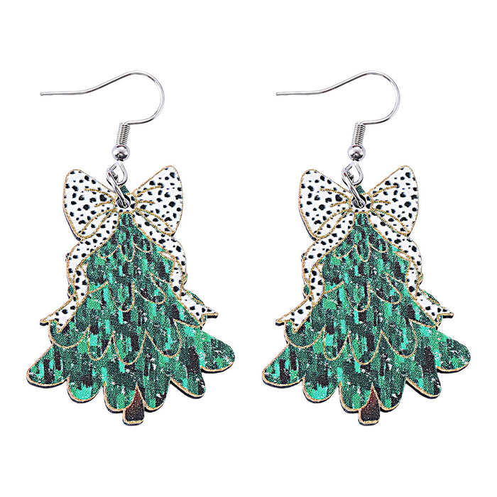 Wholesale Christmas cow print bow Christmas tree drop earrings