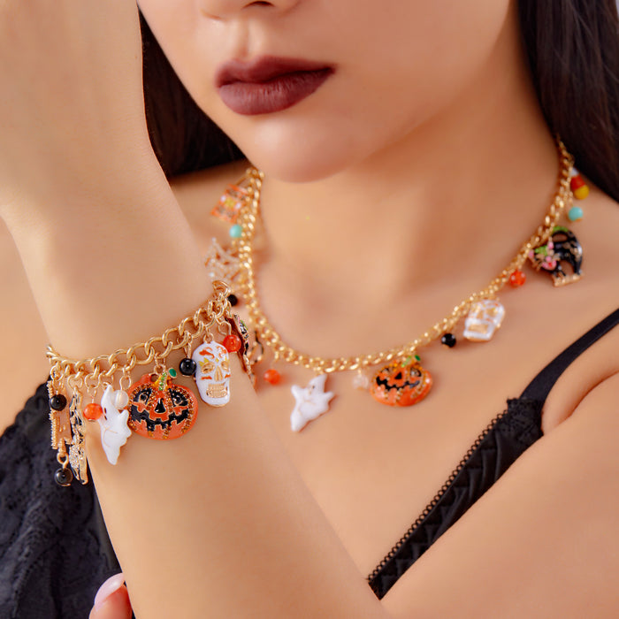 Wholesale  Pumpkin  Skull Necklace Bracelet Creative Ghost Black Cat Diamond Jewelry Set