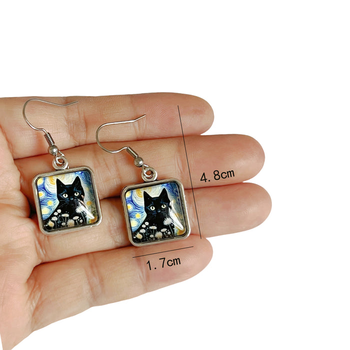 Wholesale  Black Cat Pumpkin Autumn Vintage Copper Square Time Gem Crystal Glass Earrings